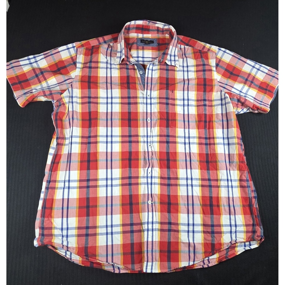 Club Room Men's XXL Plaid Shirt Short Sleeve Cotton Red White Blue Button...